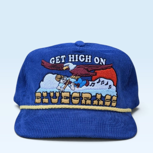 thedomeswap blue cotton corduroy 5-panel snapback hat with Get High On Bluegrass eagle embroidery on concrete steps